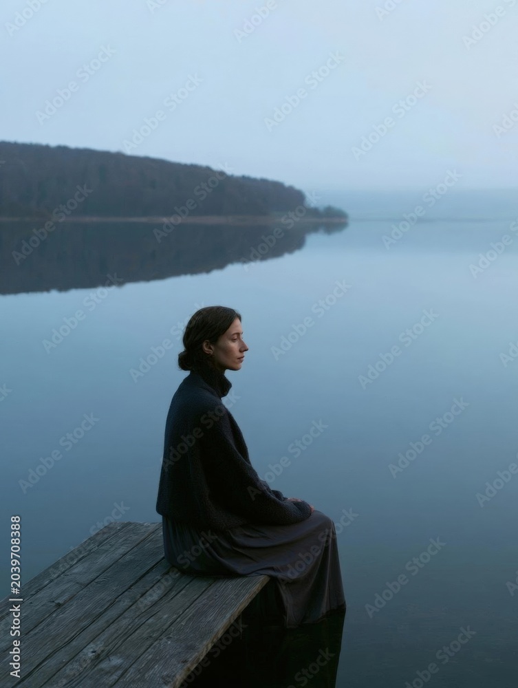 Obraz premium Young woman sitting on a wooden pier overlooking a calm lake. she is wearing a black sweater and a long skirt, and her hair is pulled back in a bun.