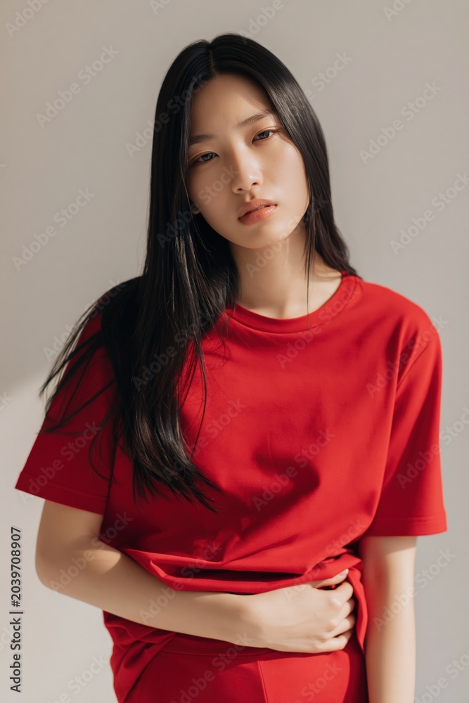 Obraz premium Young asian woman holding abdomen in neutral studio setting