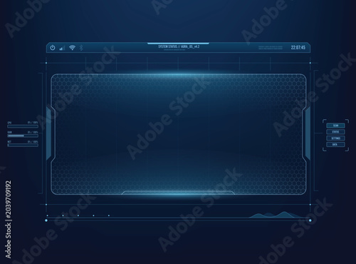 Futuristic blue HUD interface design central screen panel with a glowing hexagon grid background