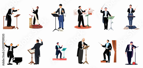 Photos Set of diverse orchestra conductors in formal attire performing with batons and music stands, isolated on a white background