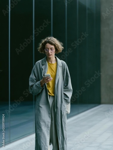 Young woman standing in an empty room with a modern design. she is wearing a long grey coat over a yellow t-shirt and grey trousers. she has curly blonde hair and is wearing glasses.