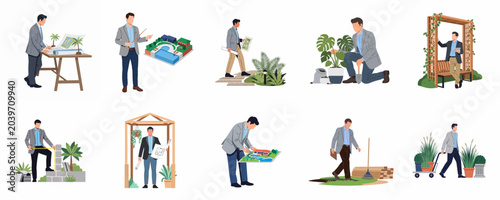 Tableau sur toile Professional landscape architect character set performing various tasks includin