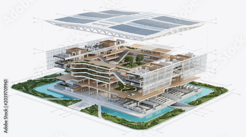 Bild auf Leinwand Modern Building Structure Exploded View with Green Spaces.