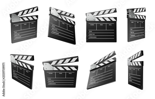 Movie Clapperboard. Film Directors ClapBoard. Cinema Equipment. Black Clapper Board realistic Icon. PNG 3D Illustration Isolated on white background.