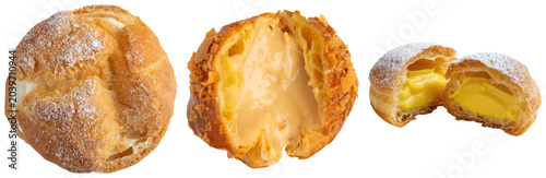 Foto Three cream puffs, one whole and two cut in half, filled with cream and custard,
