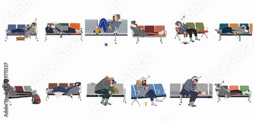 Obraz na płótnie Collection of tired travelers in winter clothes sleeping and waiting on airport or station benches, flat vector illustration set isolated on white