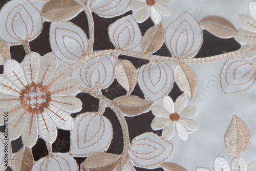 Floral Embroidered Lace Fabric Pattern Close Up