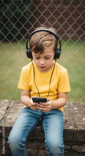 A young boy wearing headphones and a yellow t-shirt looks at a smartphone, symbolizing childhood digital engagement and modern entertainment