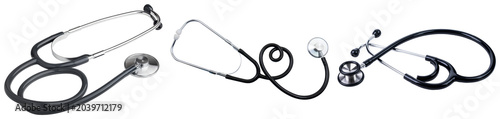 Foto Three stethoscopes isolated on a transparent background
