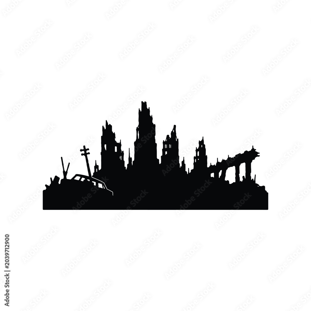 Fototapeta premium Post apocalyptic landscape dystopian world setting silhouette icon