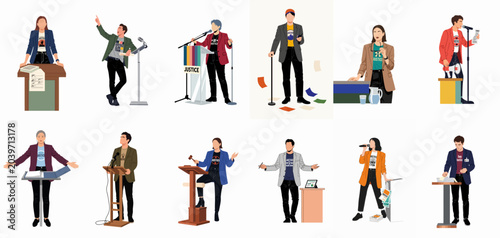Schilderij op canvas Set of diverse public speakers, activists, and legal professionals delivering speeches at podiums, advocating for justice in a modern flat vector illustration style