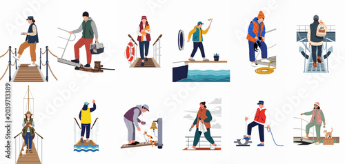 Bild auf Leinwand Vector Illustration Set of Sailors and Ship Crew Members Interacting with Cats o