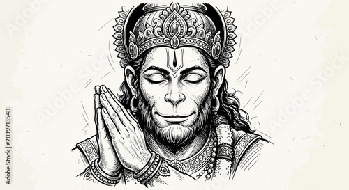 Εκτύπωση καμβά Detailed monochromatic illustration of a revered mythological simian deity in a