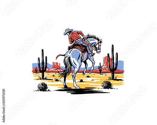 Retro style cowboy riding horse. Western vintage artwork. Cactus desert landscape. Cowboy graphic print for t shirt. Rodeo adventure design.