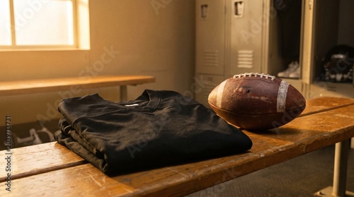 American football and a dark jersey on a rustic wooden bench in a locker room with lockers and natural light, evoking sports and preparation.