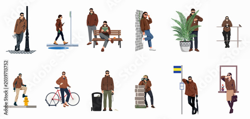 Photos Flat vector illustration set of diverse urban characters wearing brown jackets and sunglasses in various poses and situations, hinting at surveillance or spying