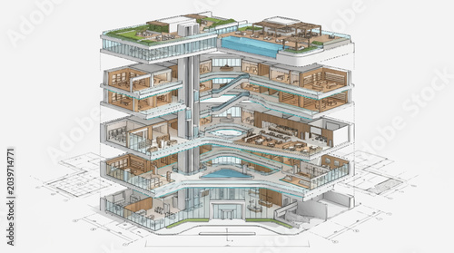 Obraz na płótnie Cutaway view of a modern office building showing multiple floors and interior details