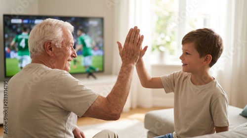 Happy grandfather and grandson giving high five while watching a soccer game on TV in their cozy living room, sharing a joyful family moment.