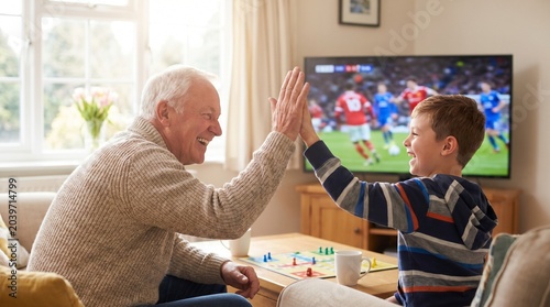An elderly man and young boy high-fiving in a bright living room, smiling happily while watching a soccer match on television. They are bonding over sports.