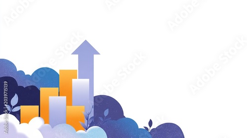 Upward Growth and Success: A stylized graphic depicting a rising bar chart with an upward arrow, symbolizing business growth, progress, and achievements, surrounded by abstract clouds and foliage.