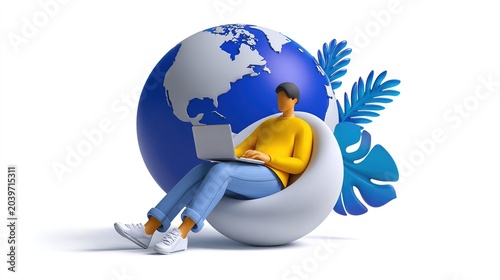 Global Connectivity: A person sits in a futuristic chair, engrossed in their laptop, with a stylized globe and tropical leaves in the background, symbolizing worldwide connection and digital access.