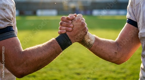 Two dirty, muscular athletes clasp hands tightly in a firm grip on a green sports field, symbolizing teamwork, challenge, or sportsmanship at sunset.