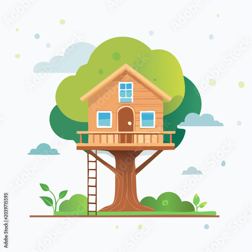 Cabane dans un arbre en bois, univers nature et aventure enfantine