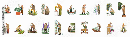 Photos Collection of botanists and researchers examining various plants, flowers, and trees in different outdoor and indoor settings, isolated flat vector illustration