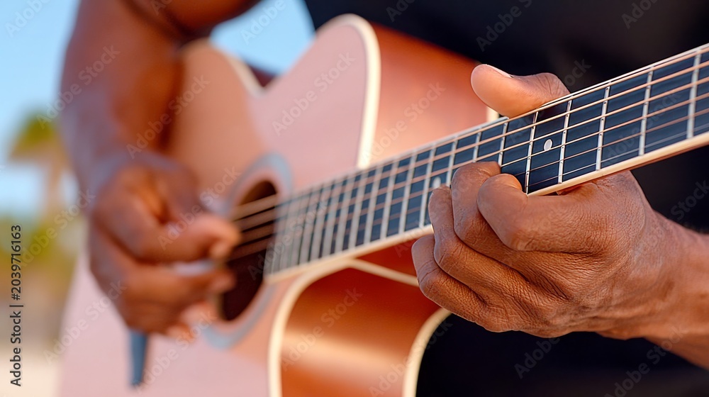 Fototapeta premium a close-up, focused view of a person's hands skillfully playing an acoustic guitar, highlighting the strings, fretboard, and the musician's technique.