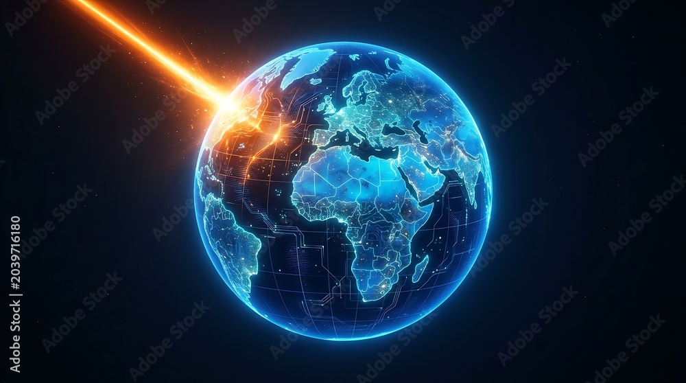 Fototapeta premium Earth globe with comet impact in space isolated on transparent background, isolated on white background, Vector, illustration