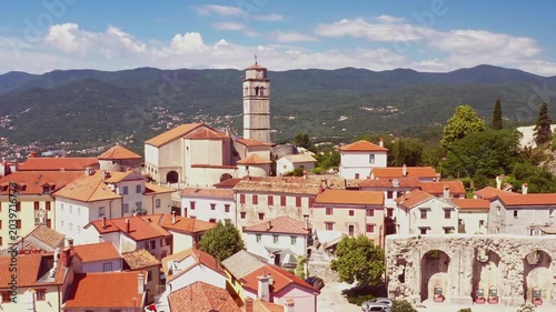 Aerial view of old town of Kastav above Kvarner bay in Croatia