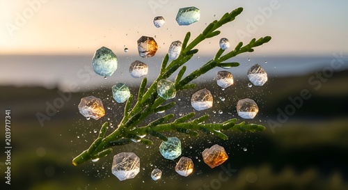 Dewdrops clinging to a green evergreen branch with a blurred natural background at sunrise