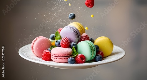 Colorful french macarons and fresh berries in a dessert platter