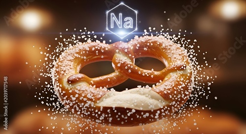 Delicious pretzel covered in salt with sodium symbol glowing above