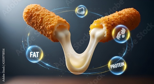 Delicious fried mozzarella sticks with stretching cheese and nutritional icons