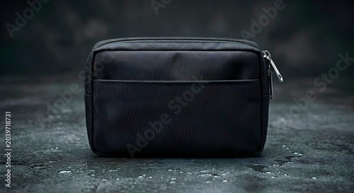 Minimalist black cosmetic pouch eye level view on textured dark background - Travel organizer mockup - Matte waterproof toiletry bag