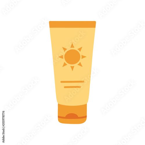 Flat sunscreen bottle illustration. Sun protection cosmetic isolated. Minimal modern summer picnic element.