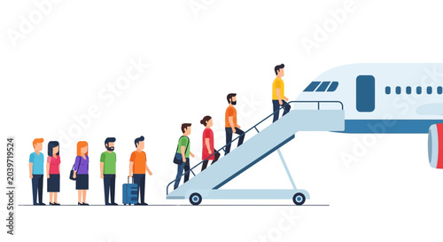 Foto People Boarding Airplane via Stairs, Travel and Transportation Concept