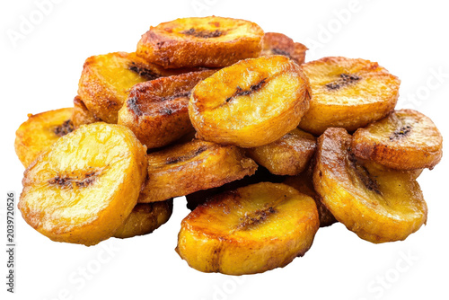 Golden Brown Caramelized Fried Plantain Slices Stacked Close Up Dark Background