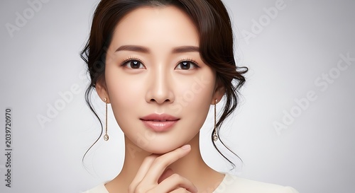 Elegant asian woman portrait with dangle earrings and soft lighting