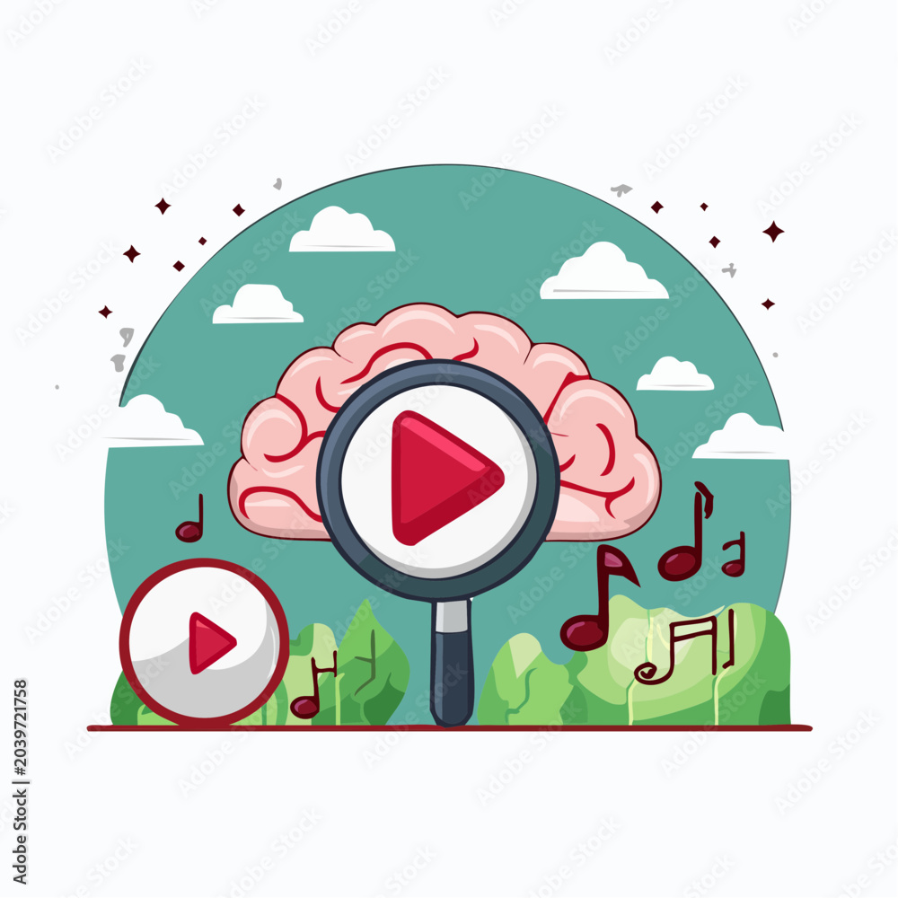 Obraz premium Brain with Play Button and Music Notes