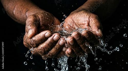 Elderly hands cupping flowing water with splashes frozen in motion against a dark background. Concept hydration, health, sustainability, care, purity, wellness and human resilience. Generative AI.