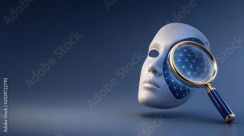Cybersecurity deepfake detection with magnifying glass inspecting AI face mask analysis