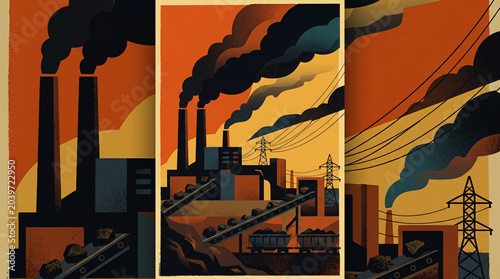 Industrial landscape with smokestacks and power lines.