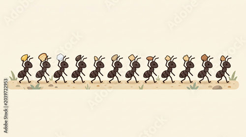 A line of ants carrying various items.