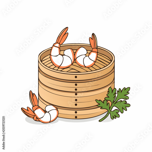Steamed Shrimp in Bamboo Steamer with Parsley