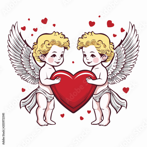 Two Cupids Holding a Red Heart with Hearts Floating Around