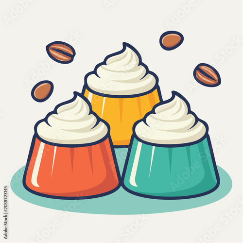 Three colorful desserts with whipped cream and coffee beans