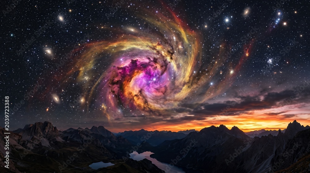 Fototapeta premium Vibrant Galaxy Over Mountain Range at Sunset
