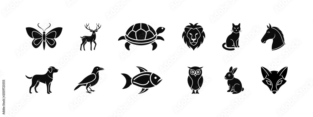 Fototapeta premium Wildlife animal silhouette icons: creatures from forest, field, sky, and water habitats. Butterfly, stag, turtle, lion, cat, horse, dog, crow, fish, owl, rabbit, and fox symbols.